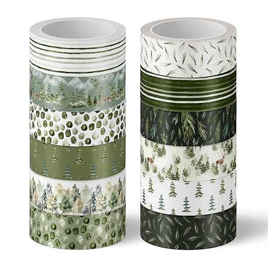 Whaline 12 Rolls Green Forest Washi Tape Watercolor Greenery Holiday Masking Tape Woodland Green Tree Plants Pattern Washi Tape for Scrapbook Journal DIY Craft Gift Wrapping