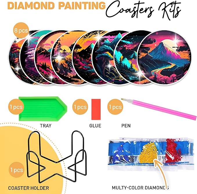 8 pcs Diamond Painting Coasters | Diamond Art Coasters | Landscape Diamond Art Painting | Perfect Art Craft Gift for Landscape Lover, Dad, Mom, Grandparents, Brother, Sister.