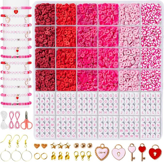 Goldwise Valentine's Day Friendship Bracelet Kit, Pink Beads, Jewelry Making Kit with Pink Clay Beads, Letter Beads and Charms, GIFS for Fans, Couples and Best Friends