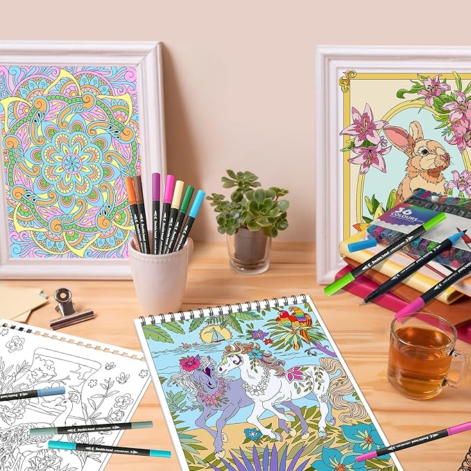 Kalysky Adult Coloring Book with Markers - Spiral Bound Coloring Book for Adults Relaxation with 36 Premium Markers | Stress Relief, Art Therapy, Mindfulness Gift