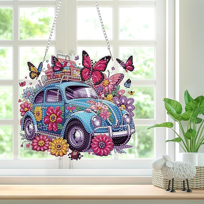 Car Diamond Art Hanging Kits for Adults, Diamond Art Suncatchers Flowers, 5D Special Shape Diamond Painting Butterfly Pendant Window Ornament Gifts for Home Wall Garden Door Decor