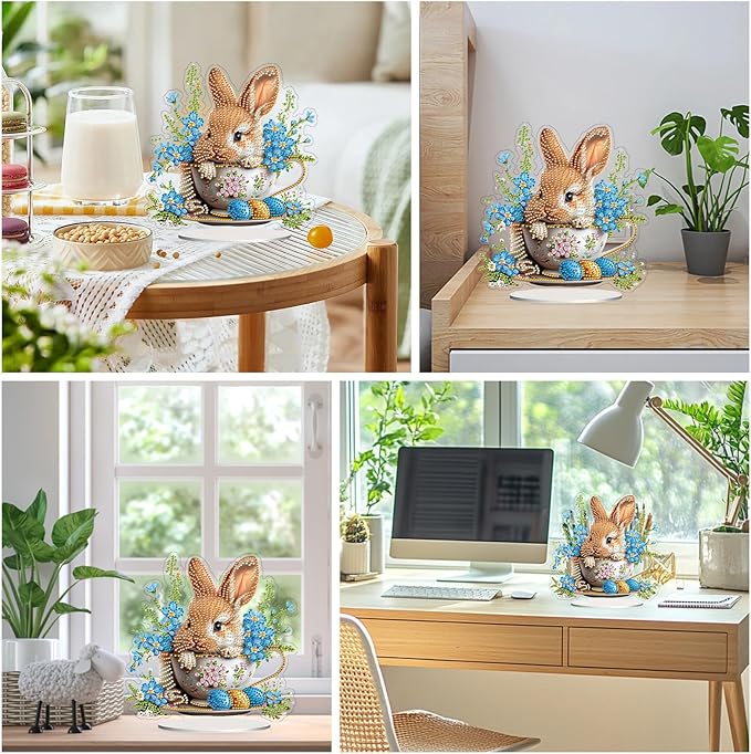 TOSTOG Rabbit Teacup Tabletop Diamond Art Kits for Adult, Desktop Diamond Painting for Beginners, 5D DIY Stand Up Crafts Gem Art, Waterproof Full Accessories for Home Decor Idea 20 * 20 cm/8 * 8 in