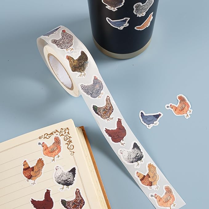 1000pcs chicken stickers roll, 2 rolls 10 styles cute hen and farm stickers, waterproof vinyl decals for water bottles laptops scrapbooking party favors classroom rewards