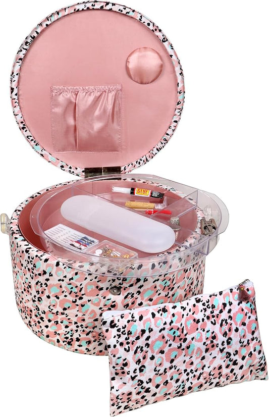 SINGER Large Round Sewing Basket with Emergency Travel Sewing Kit & Matching Zipper Pouch - Rose Pink Leopard Print