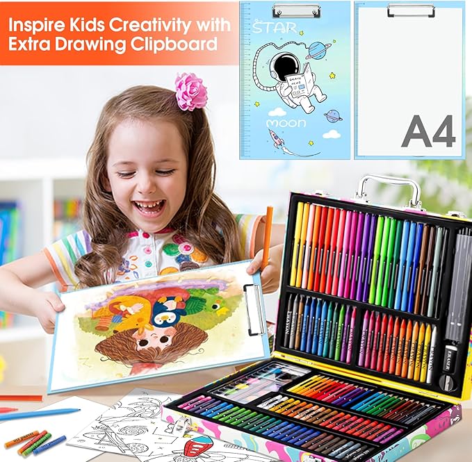 Art Supplies, 180 Pack Drawing Painting Set for Kids Girls Boys Teens, Coloring Art Kit Gift Case with Clipboard, Coloring Papers, Oil Pastels, Crayons, Colored Pencils, Watercolor Cakes, Markers