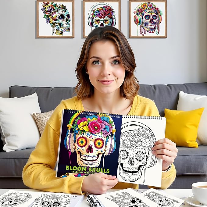 FUN LAVIE Halloween Coloring Book for Adults: Spooky Sugar Skulls and Flowers Patterns for Mindfulness Stress Relief and Adult Relaxation, Spiral Bound, Perfect for Halloween Fun
