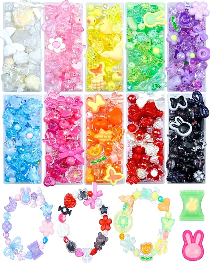 750PCS FIVEIZERO Assorted Acrylic Beads for Bracelet Making, Flower Star Heart Butterfly Candy Gummy Bear Kawaii Aesthetic Cute Beads for Jewelry Making, Keychains, Necklace, Phone Charms, DIY Crafts