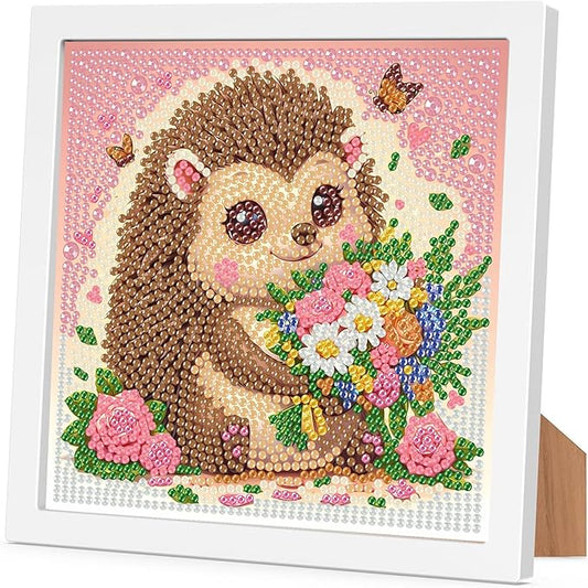 Hedgehog Diamond Art Painting Kits for Kids with Frame, Animal Diamond Art for Kids Ages 4-8-12 with Frame, Easy Small Cute Gem Painting Kit for Gift Home Wall Decoration (7x7 inch)