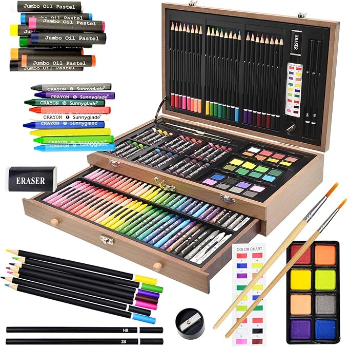 Sunnyglade 145 Piece Deluxe Art Set, Wooden Art Box & Drawing Kit with Crayons, Oil Pastels, Colored Pencils, Watercolor Cakes, Sketch Pencils, Paint Brush, Sharpener, Eraser, Color Chart (Tan)