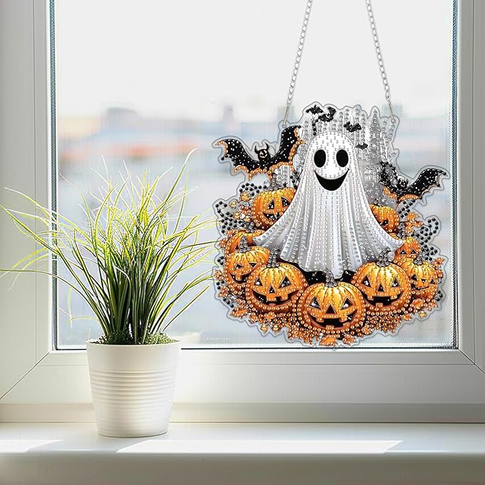 SENQAO Ghost Diamond Art Hanging Kits for Adults, Acrylic Diamonds Painting Pendant Board Kits Halloween Pumpkin, Diamond Art Painting Window Pendants Home Garden Wall Hanging Kits Hanging Ornament
