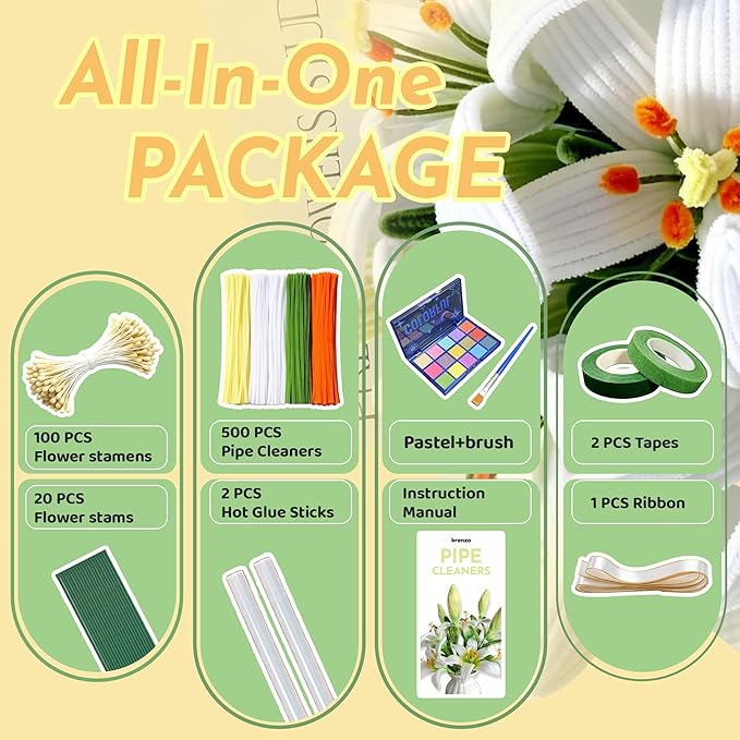 500 Pcs Pipe Cleaners Craft Bulk,4 Assorted Colors Chenille Stems for DIY Flower Making Kit with Floral Wire, Gardening Tape, Stamen & Ribbon, Pipe Cleaners Flowers, Arts and Craft Supplies for Kids