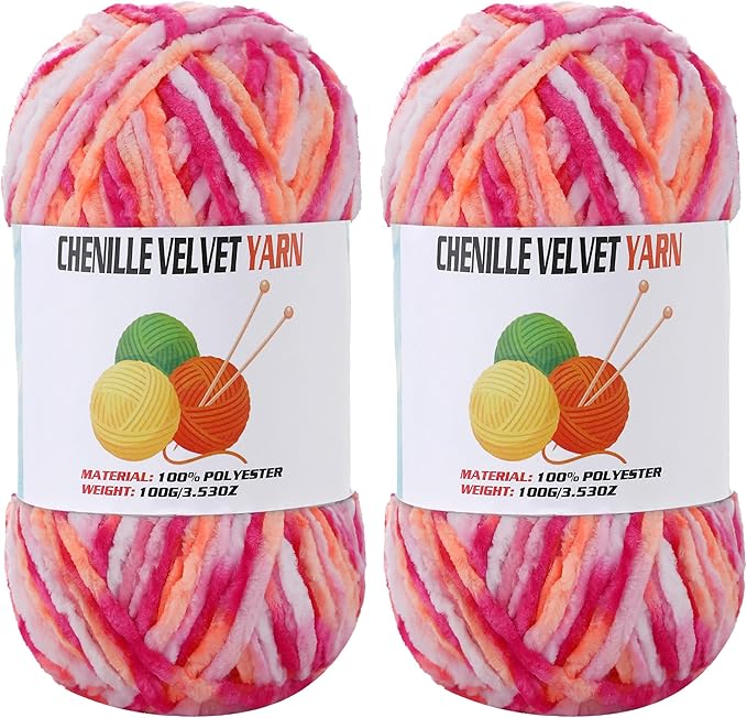 2 * 100g Velvet Chenille Chunky Yarn, Handcrafts Weaving Soft Chenille Yarn for Crocheting Clearance, Used for Making Baby Yarn Blanket, Clothes, Knitting Creations (Colorful - G)