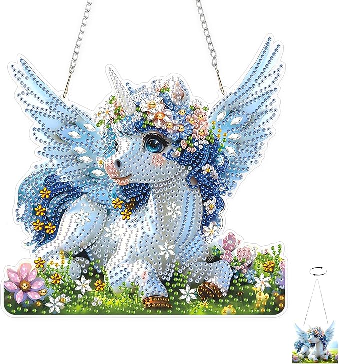 TOSTOG Gentle Unicorn Flower Diamond Art Pendant Kits for Adult, Diamond Painting Hanging Kit for Beginners, 5D DIY Crafts Gem Art, Waterproof Full Accessories for Home Decor Idea 20 * 20 cm/8 * 8 in
