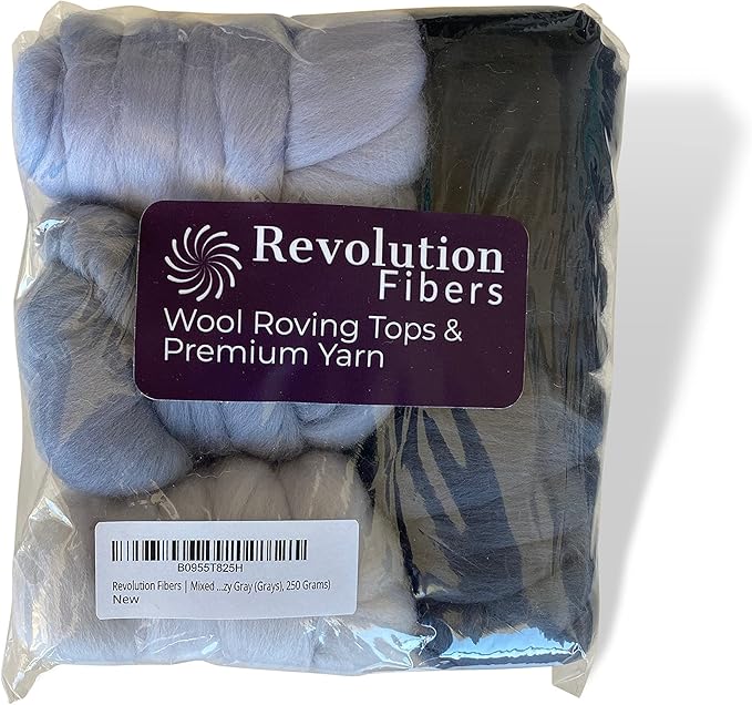 Revolution Fibers | Mixed Merino Wool Variety Pack | Perfect Wool Roving for Spinning, Needle Felting, Wet Felting, Weaving and Crafting (Hazy Gray (Grays), 250 Grams)