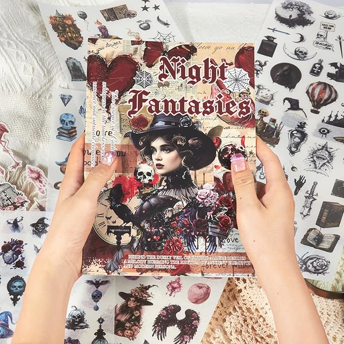 410pcs Gothic Washi Journal Stickers for Journaling, 24 Sheets Precut Large Halloween Sticker Book for Junk Journal Supplies, Scrapbooking, Collage, Bullet Journals, Planners, Art Crafts