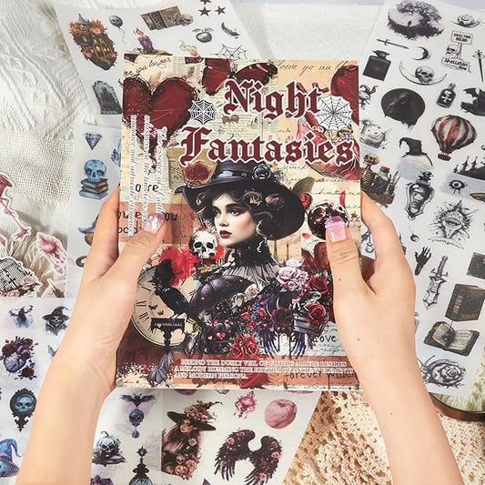 410pcs Gothic Washi Journal Stickers for Journaling, 24 Sheets Precut Large Halloween Sticker Book for Junk Journal Supplies, Scrapbooking, Collage, Bullet Journals, Planners, Art Crafts
