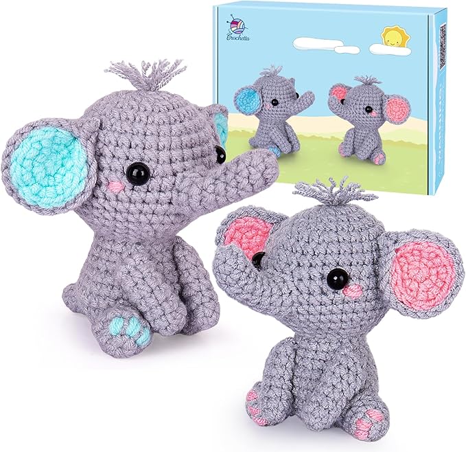 Crochetta Crochet Kit for Beginners, Beginner Crochet Starter Kit with Step-by-Step Video Tutorials, Learn to Crochet Kits for Adults, DIY Knitting Supplies, 2 Pack Elephant (40%+ Yarn)