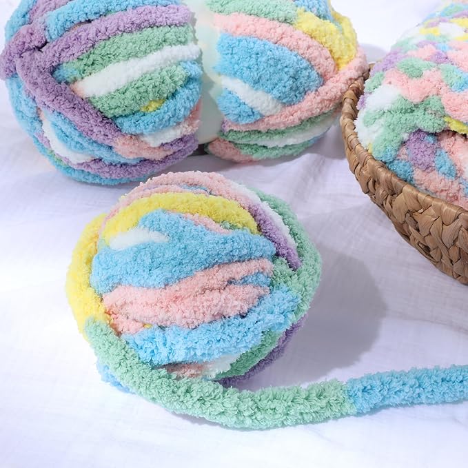 HOMBYS Chunky Tie Dye Mix Chenille Yarn for Hand Knitting, Super Bulky Jumbo Yarn for Crocheting, 3/4" Thick Soft Plush Yarn for Blankets, 8 Skein Pack (26 yds / 7.5 oz Each) Rainbow