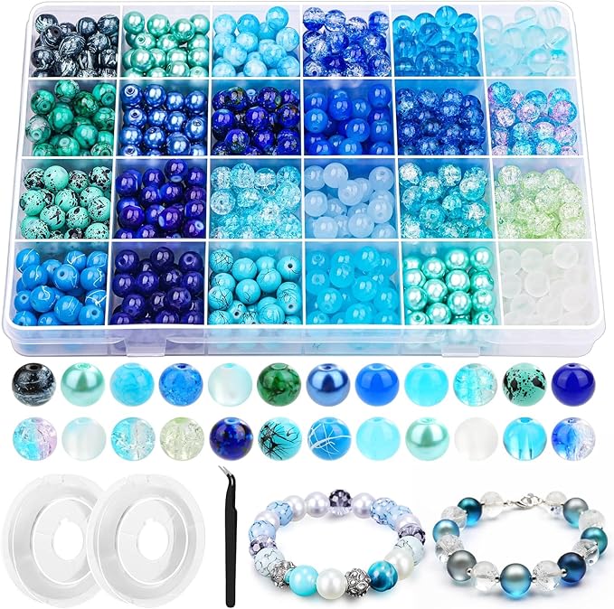 PAXCOO 720pcs Glass Beads for Jewelry Making 8mm, 24 Colors Bead Bracelet Making Kit Blue Round Loose Beads for Bracelet Earring Necklace Jewelry Making Supplies