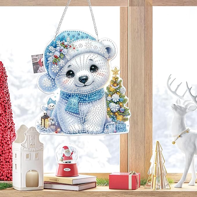 Bowetile Christmas Diamond Art Hanging Kits for Adults, 5D Special Shape Diamond Painting Kits Polar Bear, Crystal Gem Painting Arts and Crafts for Christmas Gifts for Home Garden Decor