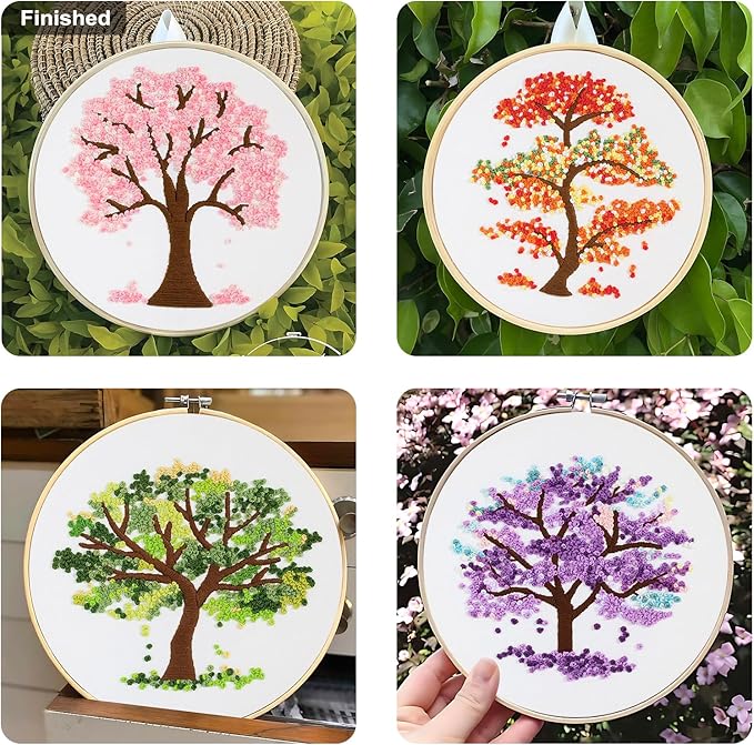 Sivilife Embroidery Starter Kit for Beginners, 4 Sets Stamped Cross Stitch Kits for Adult, Seasonal Tree Pattern Hand DIY Kits with 2 Embroidery Hoop Instructions Color Threads Needles and Scissor