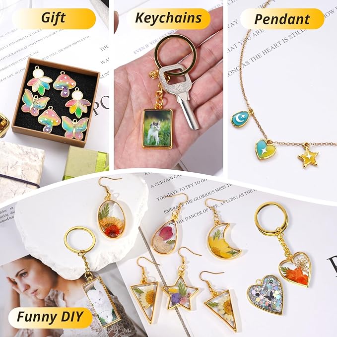 LET'S RESIN 172 pcs Open Bezels for Resin, 2 Size 36 Styles of Gold Hollow Frame Pendants Bezels with 100pcs Jump Rings, Unique Resin Bezels for Jewelry Making, Necklaces Earrings Making Supplies