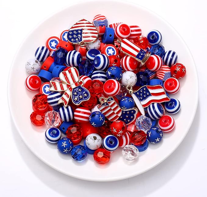 HSWE 1461Pcs 4th of July Patriotic Beads for Jewelry Making Independence Day Red White Blue Heishi Stars USA Letter Beads with America Flag Heart Hat Pendant Accessories for DIY Bracelets Making Kit