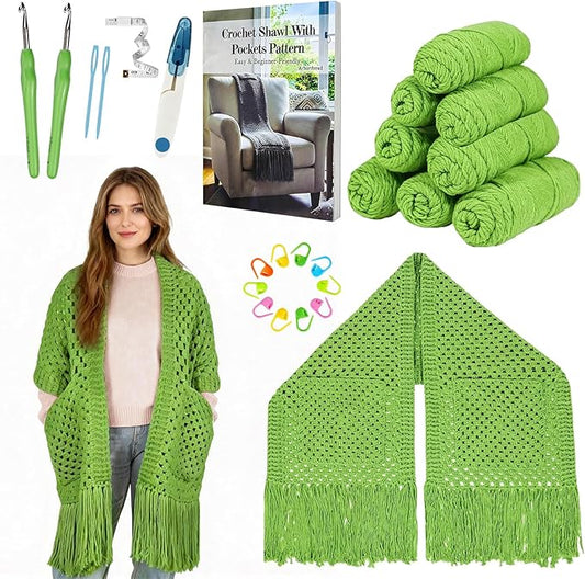Arborthread Crochet Kit for Beginners, Easy Pocket Shawl & Scarf Crochet Kit for Adults w/Ample Premium Yarn to Fit Different Sizes, Step-by-Step Video & Instructions, Green
