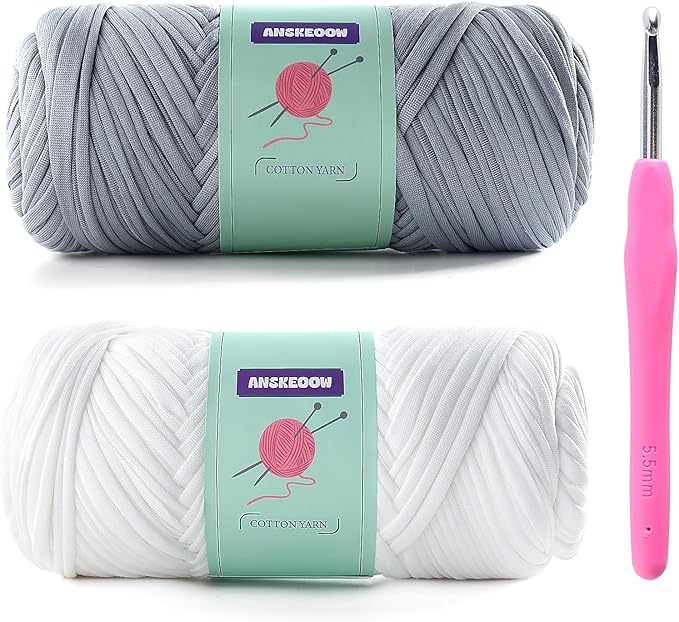 2 Skeins Tshirt Yarn for Crochet,Soft T Shirt Yarn for Crocheting Bag/Basket/Home Decor,Trapillo para Tejer a Crochet Bolsas with 1 Crochet Hook,Each Ribbon Yarn 7oz, 65yds (White+Light Gray)
