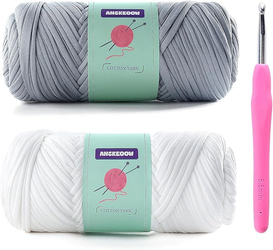 2 Skeins Tshirt Yarn for Crochet,Soft T Shirt Yarn for Crocheting Bag/Basket/Home Decor,Trapillo para Tejer a Crochet Bolsas with 1 Crochet Hook,Each Ribbon Yarn 7oz, 65yds (White+Light Gray)
