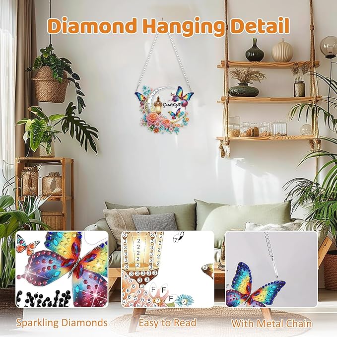 MEIYUDA Moon Butterfly Diamond Art Hanging Kits for Adult, Good Night Diamond Painting Hanging Kits Ornaments, DIY Special Shaped Rhinestone Window Pendants kit for Home Garden Wall Decor Gift