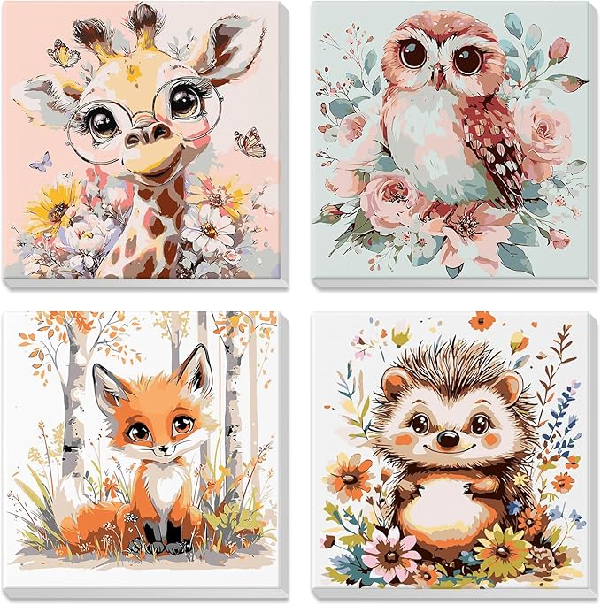 4 Pack Paint by Numbers Kit for Kids Beginner with Wooden Frame, Cute Giraffe, Owl, Fox, Hedgehog, Paint by Numbers Kit for Adults, Adorable Animal, DIY Painting Kits for Home Wall Decor 8x8 inch