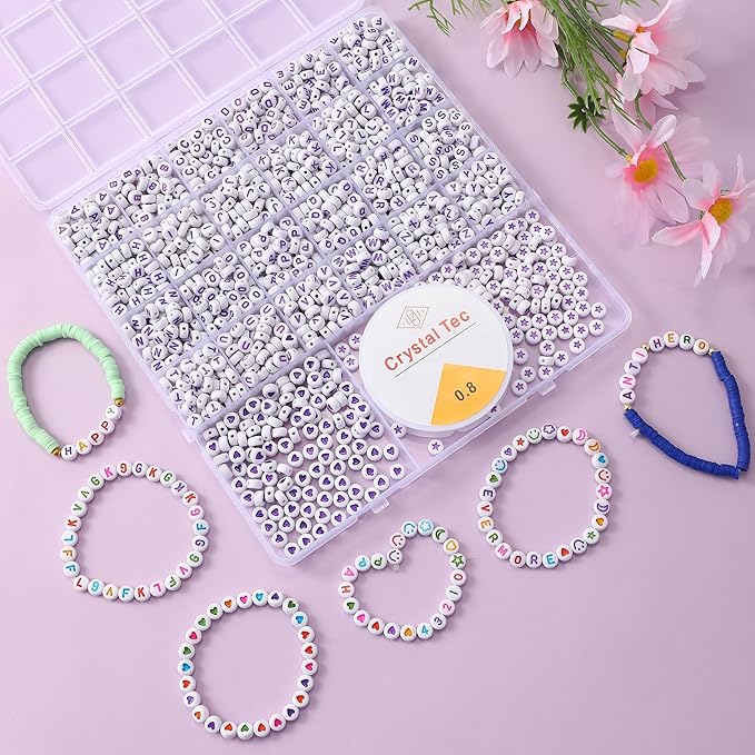 nikkiGuo 1250pcs 4x7mm White Round Acrylic Alphabet Beads A-Z Heart Beads with Numbers Crystal Line for Jewelry Bracelet, Necklace and Key Chains (Purple White Color)