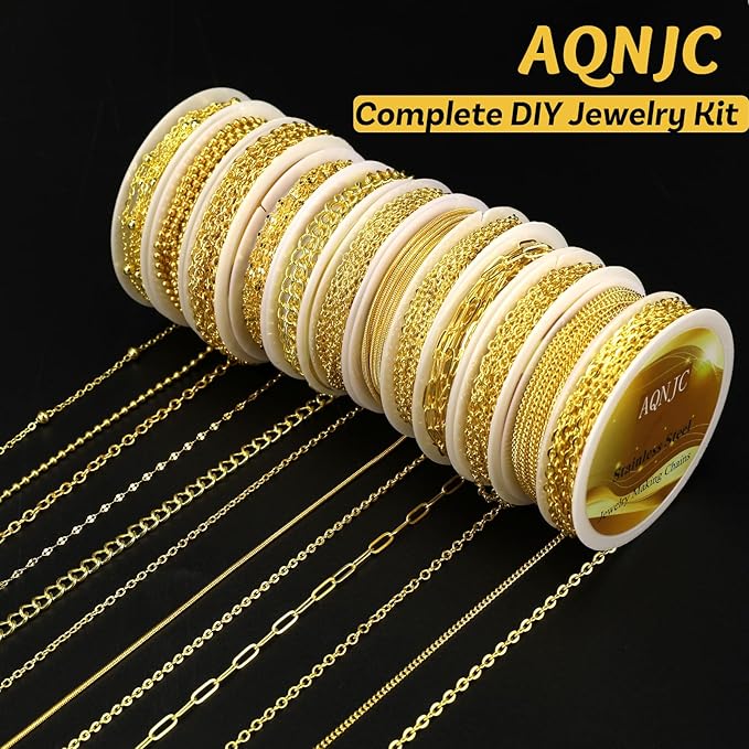 AQNJC Gold Chain for Jewelry Making, 98 Feet 12 Rolls Jewelry Chains with Gold Charms for Women DIY Necklace Bracelet Making Supplies with Jump Rings, Lobster Clasps, Connectors