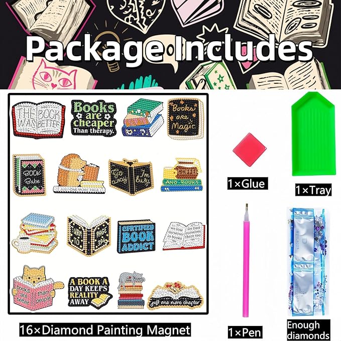 16 Pcs Book Diamond Painting Magnets Kits Diamond Art Fridge Magnet Refrigerator Sticker Diamond Painting kit for Beginners Adults DIY Art Craft Gifts Home Decors (Book)