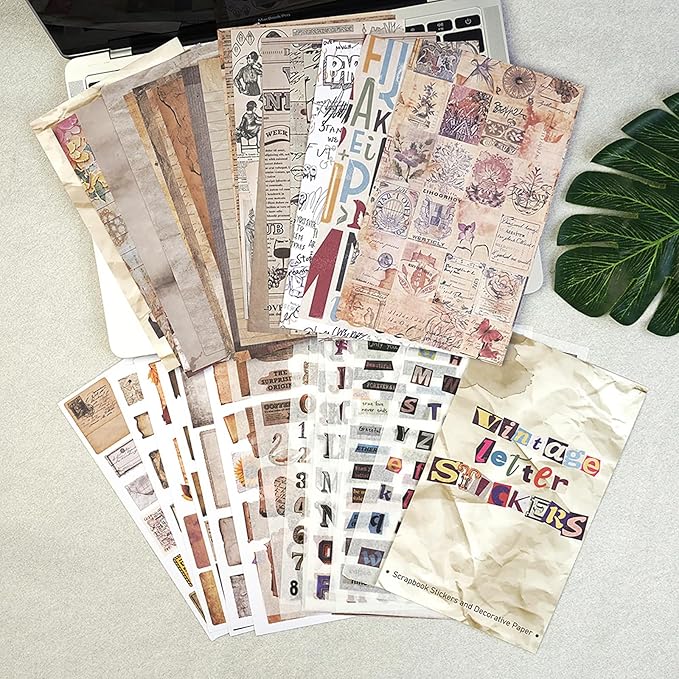 Doraking 38 Sheets Vintage Letter Washi Stickers and Scrapbook Papers for Journaling, Pre-Cut Aesthetic Washi Stickers Material Paper for Scrapbooking Junk Journal Supplies DIY Crafts Arts