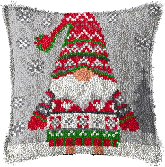 DL-YTG Latch Hook Kits Pillow Christmas Hat Crochet Yarn Colour Pre-Printed Canvas Needlework DIY Pillowcase Hook Christmas Home Arts Crafts Decoration 16 X16inch