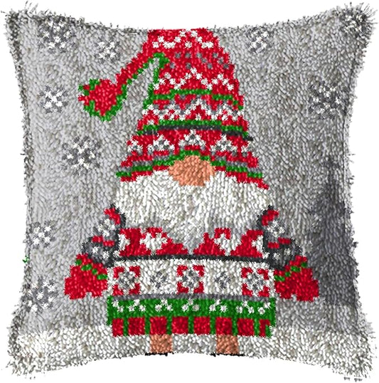 DL-YTG Latch Hook Kits Pillow Christmas Hat Crochet Yarn Colour Pre-Printed Canvas Needlework DIY Pillowcase Hook Christmas Home Arts Crafts Decoration 16 X16inch