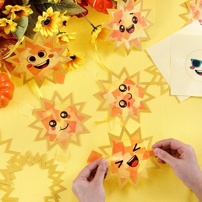 AmazingSpark 30 Pcs Sun Suncatchers Paper Craft Spring Sun Face DIY Stained Glass Effect Tissue Paper Kits Gift Bulk for Fall Autumn Activities Art Party Decor