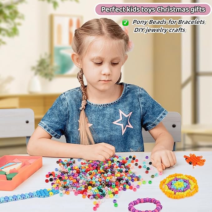 5 Boxes Bracelet Making Kit Pony Beads, 96 Colors 6x9mm 3500Pcs Kandi Rave Beads for Bracelets Friendship Plastic Bead with 800Pcs Letter Bead Arts and Crafts for Kids Adults Keychain Jewelry Making