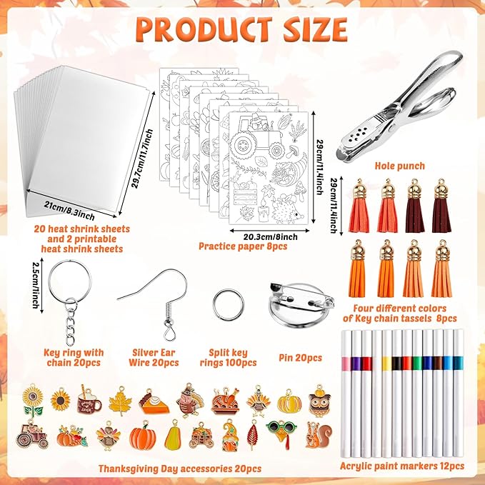 231Pcs Fall Thanksgiving Heat Shrink Plastic Sheet Kit Includes Shrinking Film Art Paper, Hole Punch, Keychains, Jump Rings, Tassels, DIY Heat Shrink Art Kit for Adults Creative Craft Marking