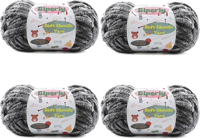 4 * 100g Velvet Chenille Chunky Yarn for Crocheting - 49.2yds per Skein Plush Fluffy Yarn - Easy to Use for Baby Blankets, Knitting Creations & DIY Crafts (4, Dark Gray)