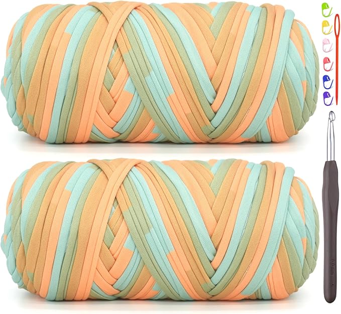 2 Pack Tshirt Yarn for Crocheting,Rainbow T Shirt Chunky Elastic Thick T-Shirt Crochet Yarn for Beginners Crocheting Hand Knitting Bag/Basket/Coasters/DIY Crafts/Home Decor 2 * 200G-Green Orange Blue