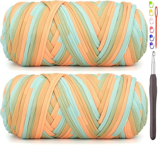 2 Pack Tshirt Yarn for Crocheting,Rainbow T Shirt Chunky Elastic Thick T-Shirt Crochet Yarn for Beginners Crocheting Hand Knitting Bag/Basket/Coasters/DIY Crafts/Home Decor 2 * 200G-Green Orange Blue