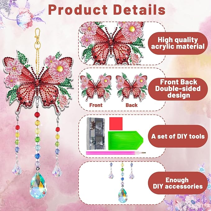 Arts and Crafts for Girls Ages 6-12, DIY Diamond Painting Kits for Kids Teens Adults, Birthday Gifts for 6 7 8 9 10 11 12 Year Old Girls, Butterfly Flower Bird Wind Chimes for Home Garden Decor