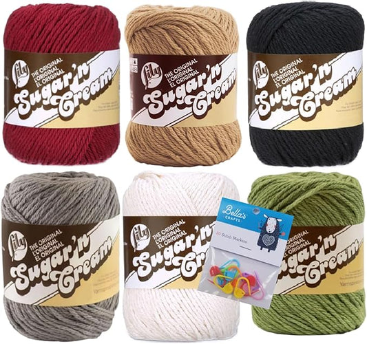 Lily Sugar'n Cream 100% Cotton Yarn 6-Pack Bundle with Bella's Crafts Stitch Markers (Sage Blend)