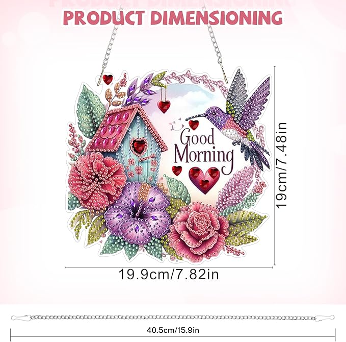 Bowetile Birds Diamond Art Hanging Kits for Adults, Good Morning Diamond Art Suncatchers Flowers, 5D Special Shape Diamond Painting Pendant Window Ornament Gifts for Home Door Wall Decor