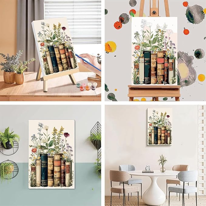 xackcme Book Paint by Numbers for Adults with Framed Canvas - with Wooden Easel, Flowers Paint by Number on Canvas, DIY Books Acrylic Oil Painting Kits with Brushes for Home Wall Decor (8x12 inch)