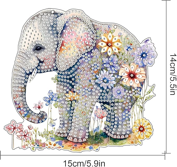 Elephant and Flowers Diamond Painting Hanging Kit – DIY Acrylic Pendant with 5D Special Shaped Rhinestones, Decorative Art Board for Wall, Door or Garden, Handmade Gift for Creative Decor Lovers