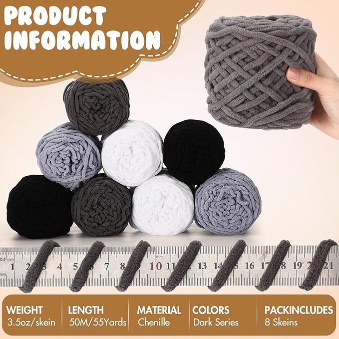 Buryeah 8 Pack Chunky Chenille Yarn for Crocheting Soft Thick Fluffy Yarn for Hand Knitting Bulky Velvet Blanket Plush for Weaving DIY Crafts Each 3.5 oz 55 Yards (Dark Series)